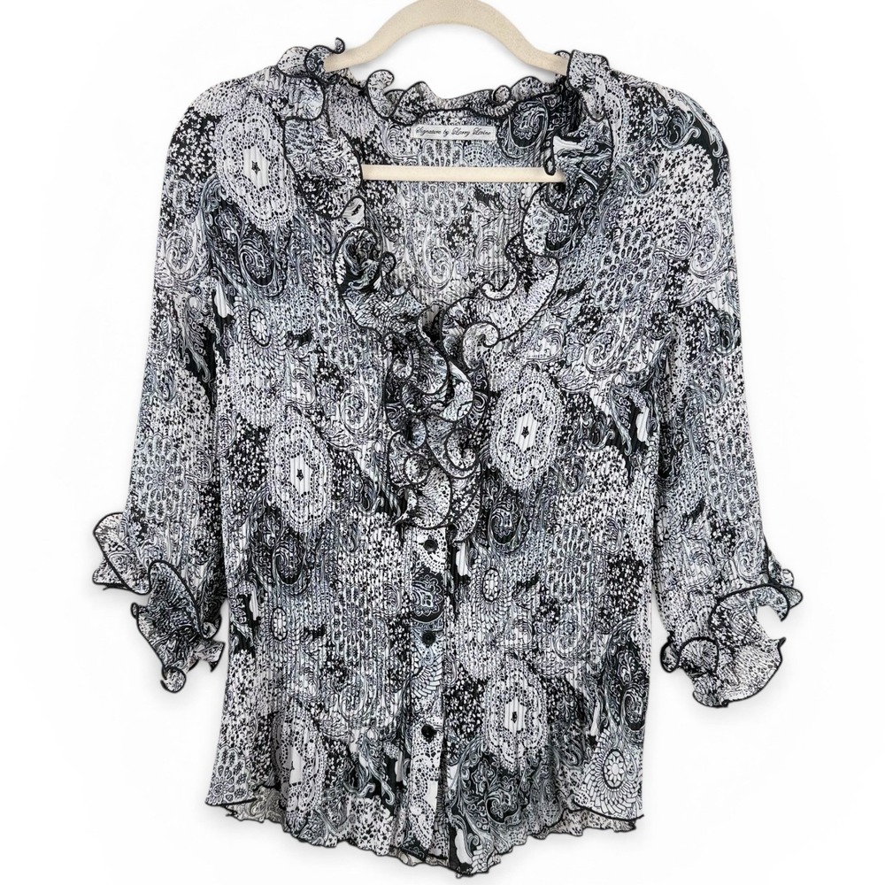 Y2K Signature by Larry Levine Womens Black White Paisley Ruffle Pleated Blouse M